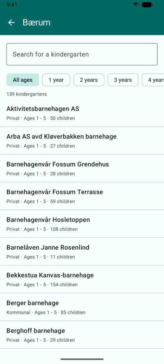 The kindergarten list for Bærum with search, age filter chips and owner, ages and child count per row
