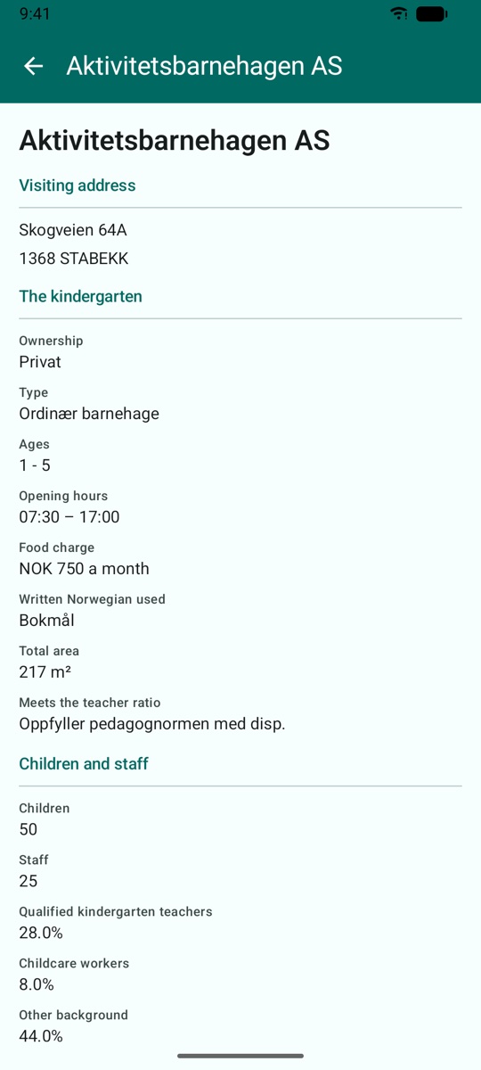 The detail screen for one kindergarten: visiting address, ownership, type, ages, opening hours, food charge, total area, teacher ratio, children and staff