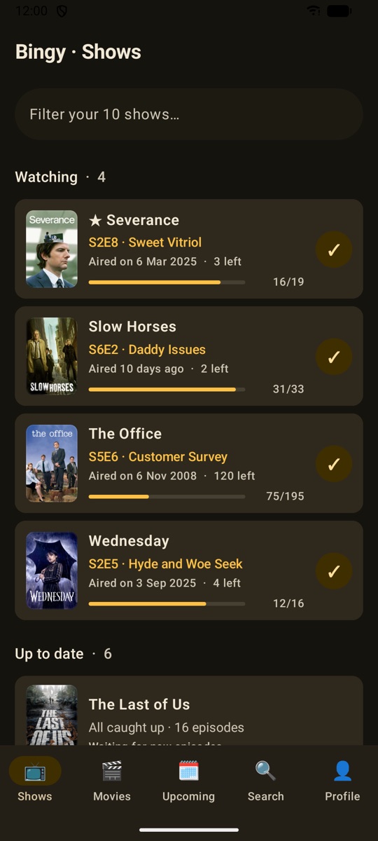 The Shows tab: Severance, Slow Horses, The Office and Wednesday under Watching, each with the next episode, when it aired and how many are left