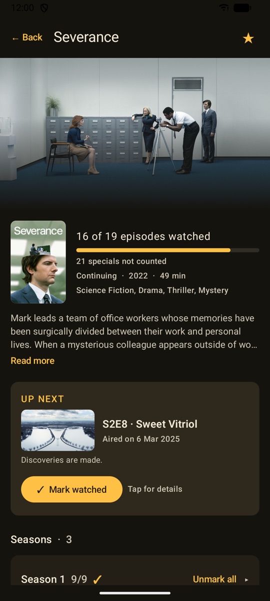 Severance opened: 16 of 19 episodes watched, the synopsis, and S2E8 Sweet Vitriol up next with a Mark watched button