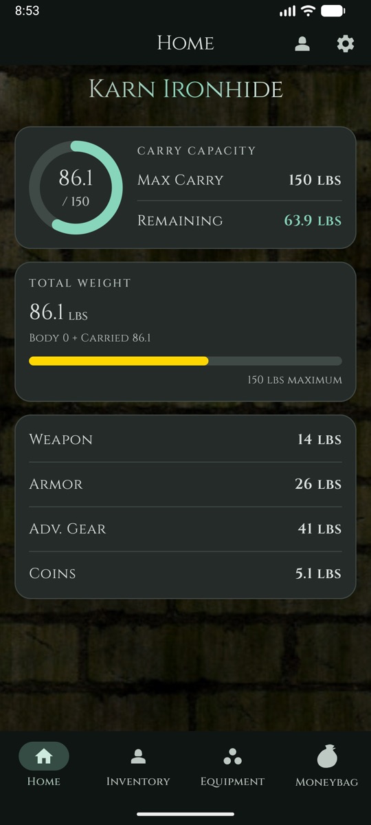 The home screen: Karn Ironhide carrying 86.1 of 150 pounds, with the weight split into weapons, armor, adventuring gear and coins.