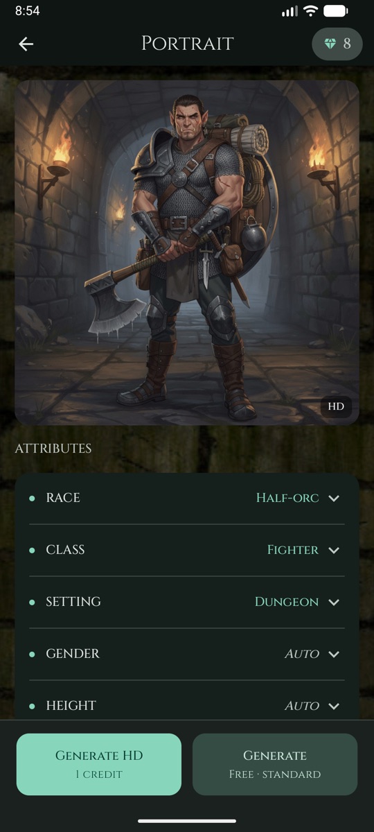 The portrait screen: a half-orc fighter painted in a torch-lit dungeon, with race, class and setting pickers below.