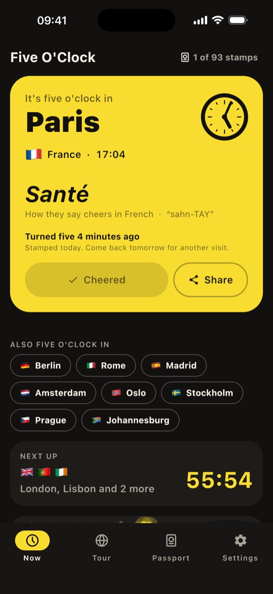 The Now screen: it's five o'clock in Paris, Santé, with the next cities counting down