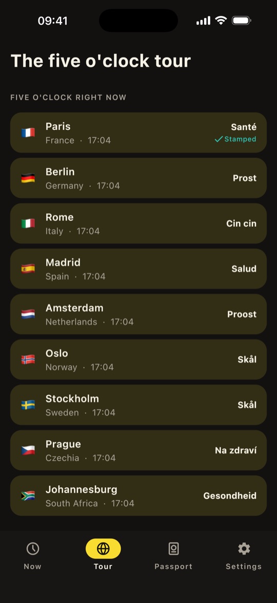 The tour: every city at five right now, each with its local toast