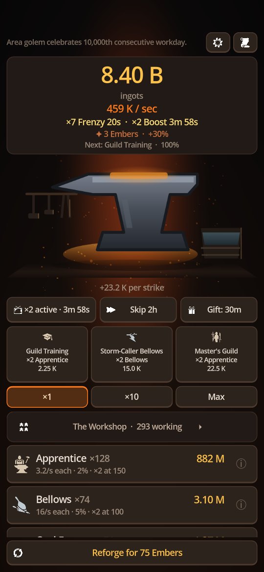 The Idle Forge main screen: an anvil over a glowing hearth, with the shop below.