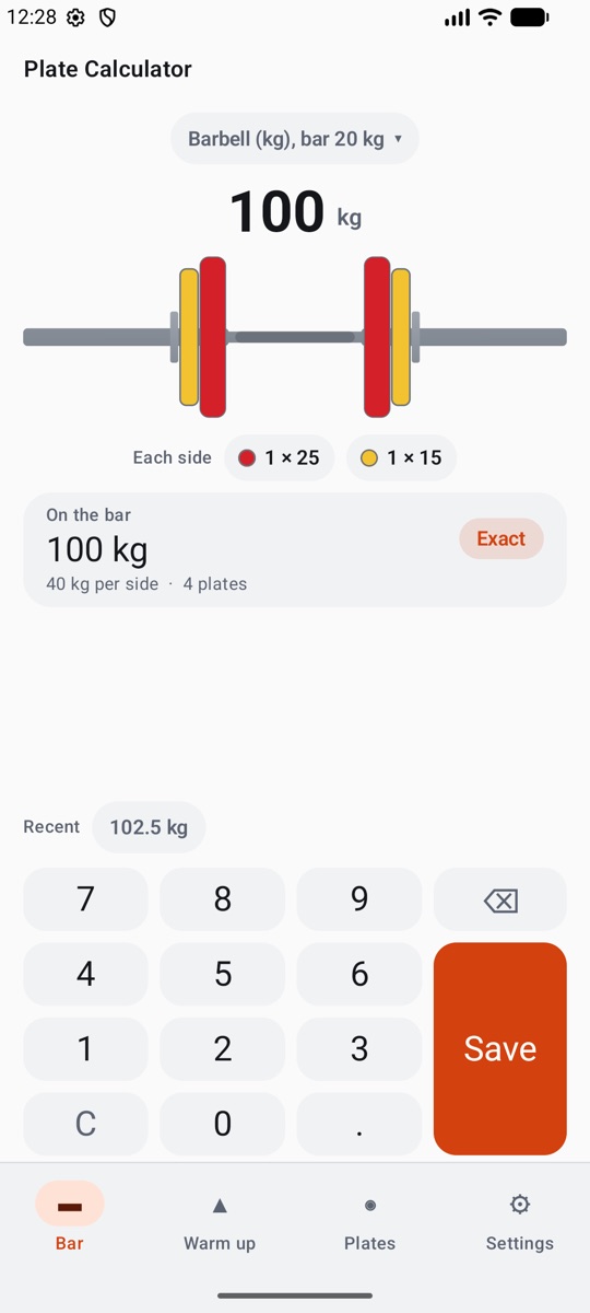 The calculator screen: 100 kg typed in, a drawn bar with a red 25 and a yellow 15 on each side, marked Exact.