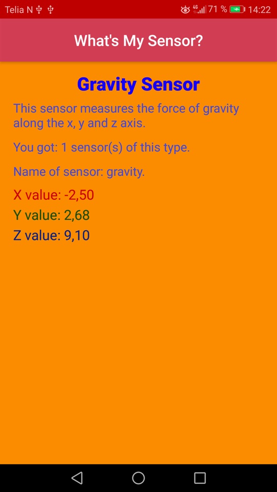The gravity sensor screen: a one line explanation, the sensor's name, and live X, Y and Z values.