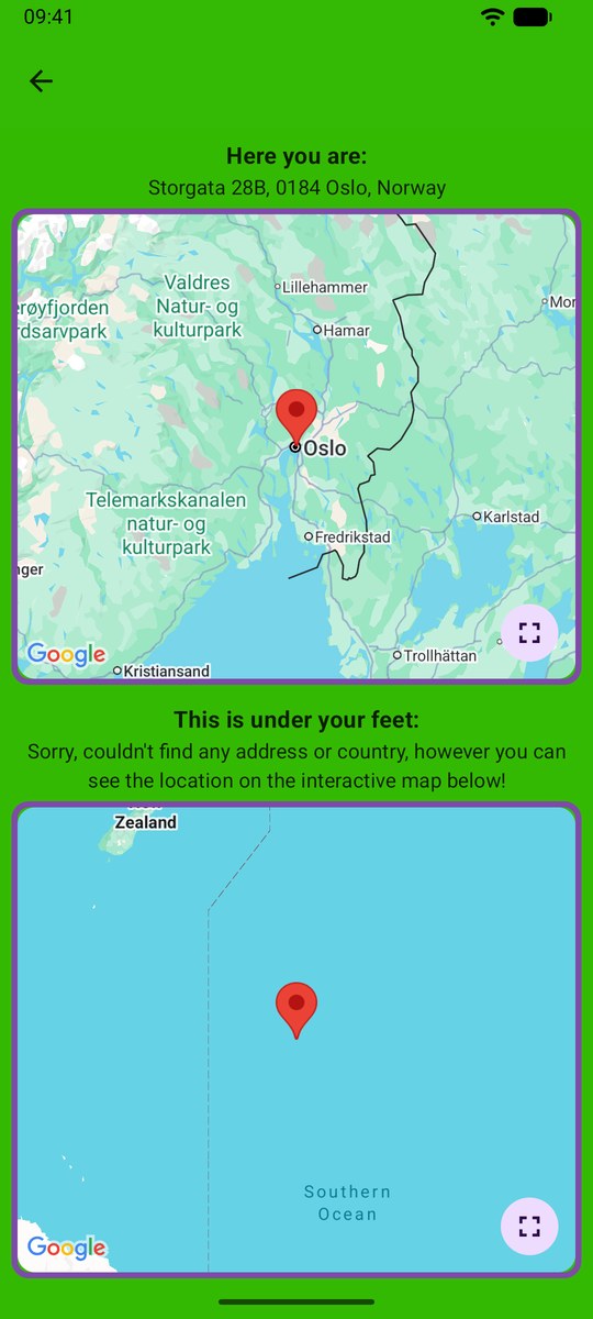 The result screen: a map of Oslo marked Here you are, and below it a map of empty Southern Ocean marked This is under your feet.